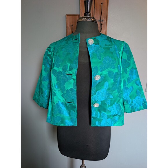 Vintage 60s Brocade Blue & Green Cropped Jacket, Formal Event Outfit - Picture 2 of 10